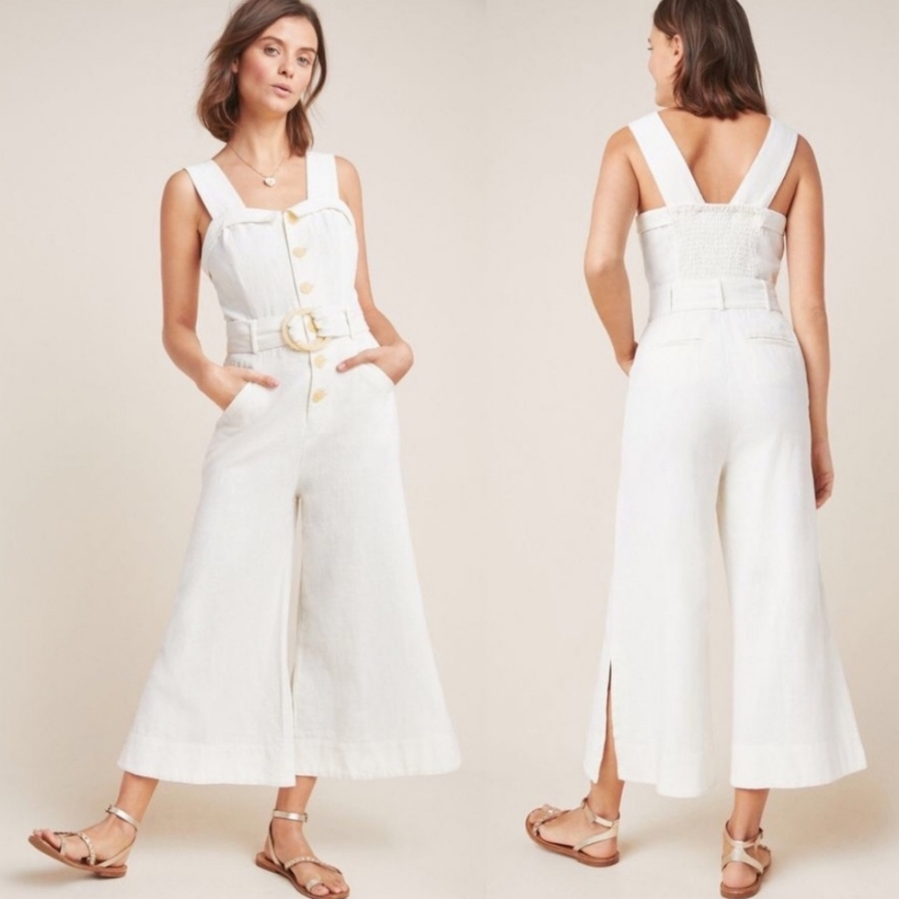 Anthropologie Cream Sleeveless Belted Culotte Jumpsuit
